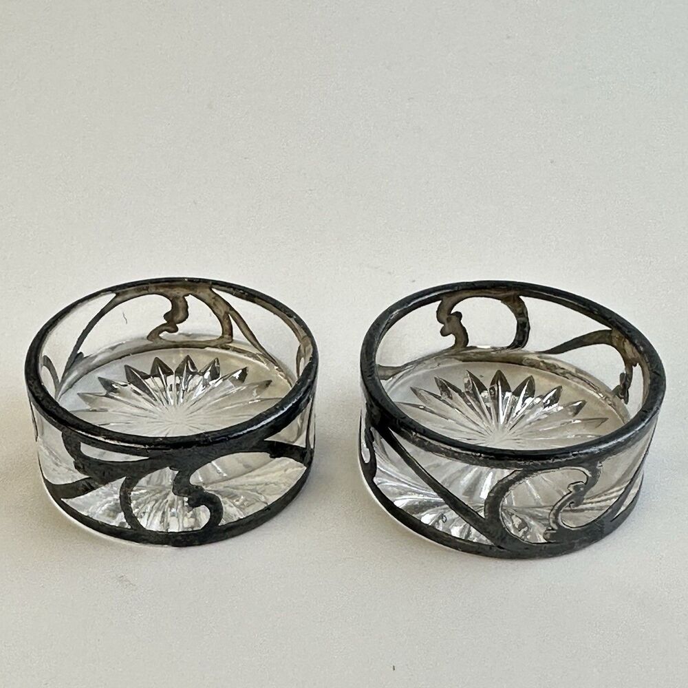 Antique Art Nouveau Sterling Silver Overlay Cut Glass Open Salt Cellars Set of 2